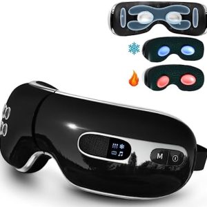Fmlave Eye Massager with Heat and Cooling for Migraines, Dry Eyes, Dark Circles, Rechargeable Bluetooth Music Heated Eye Mask Massager Improve Sleeping - Great Gifts for Woman and Man (Black)